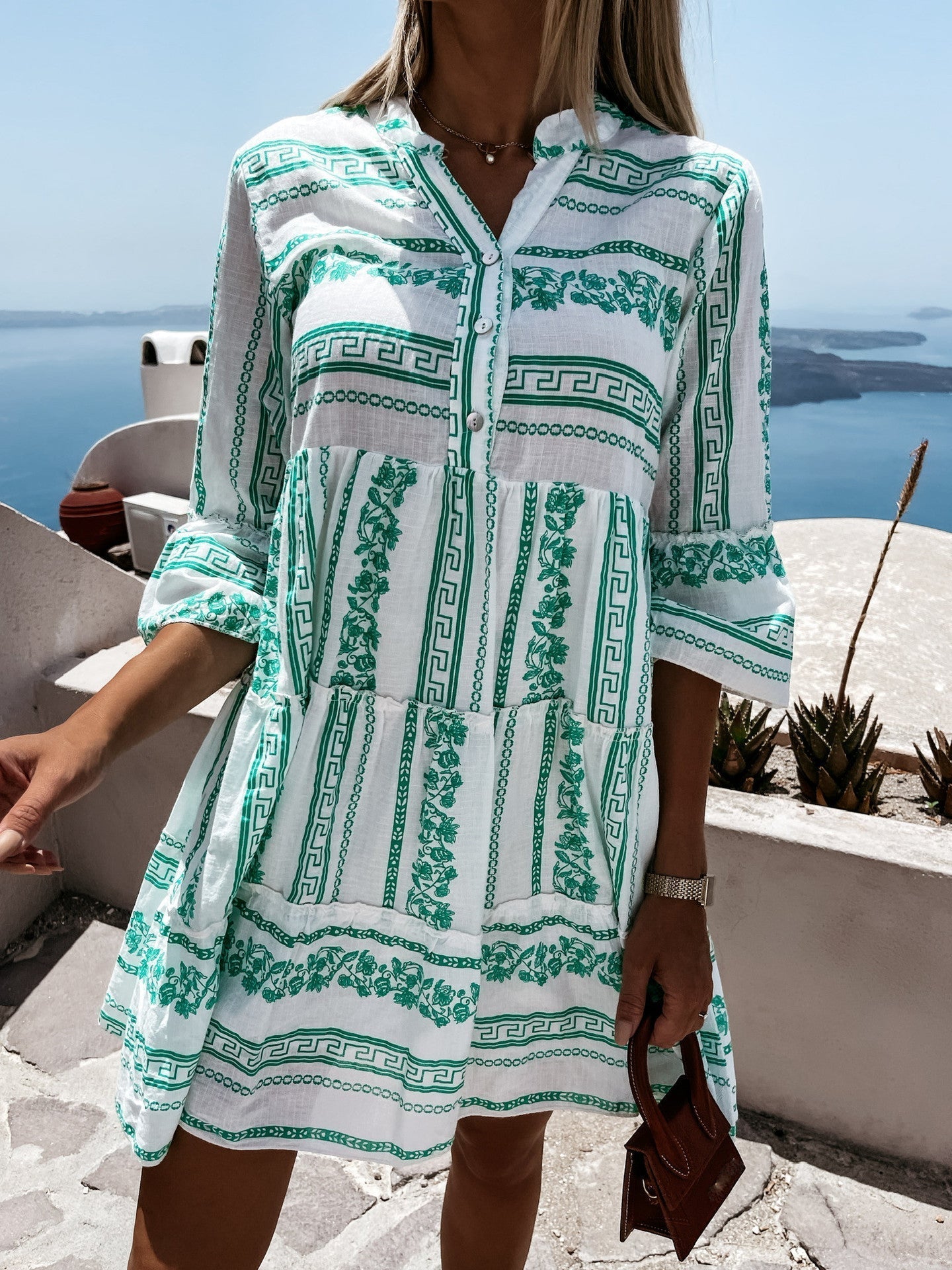 SOERA Beatrice Ruffle Boho Striped Mini Dress - Dress -  Green S