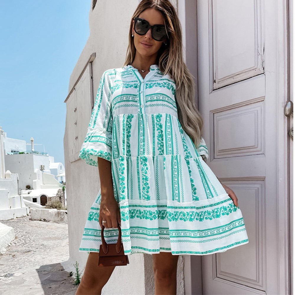 SOERA Beatrice Ruffle Boho Striped Mini Dress - Dress -  Green XS