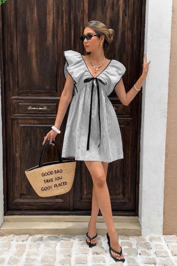 SOERA Beatrice Striped V - Neck Ruffle Mini Dress - Dress -  Black M