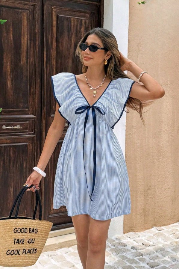SOERA Beatrice Striped V - Neck Ruffle Mini Dress - Dress -  Blue S