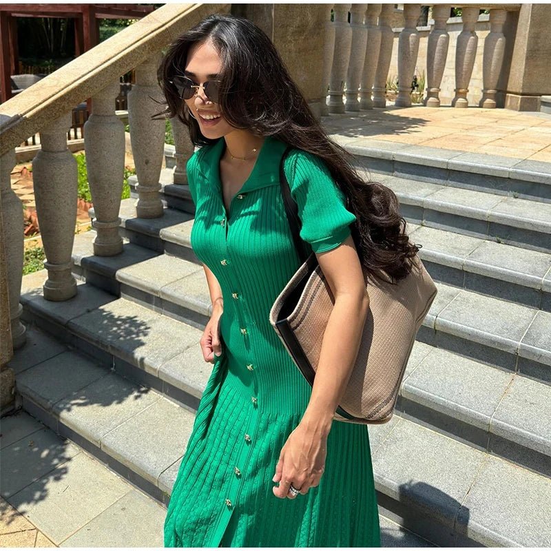 SOERA Beatrice Turn - Down Collar Knit Maxi Dress - Dress -  Green