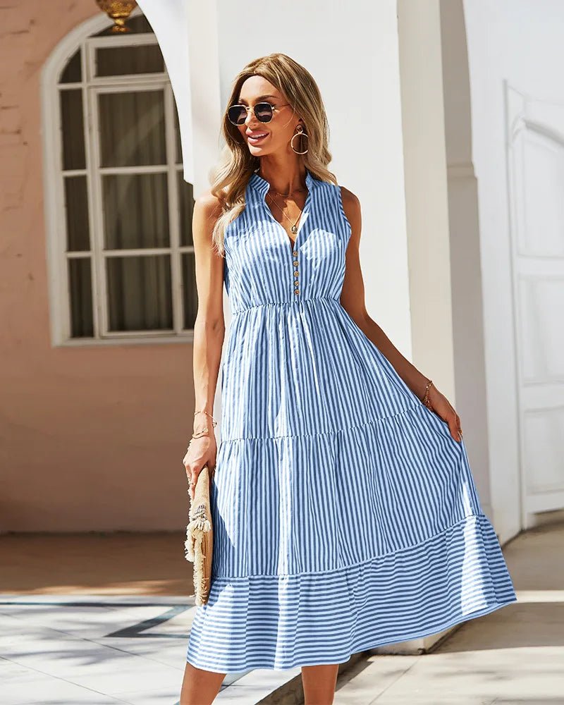 SOERA Bianca Striped V - Neck Sleeveless Shirt Dress - Dress -  Blue M
