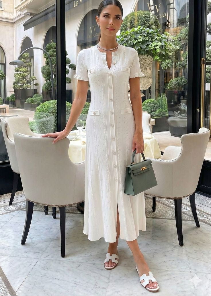 SOERA Erlinda Button - Front Knit Midi Dress - Dress -  White
