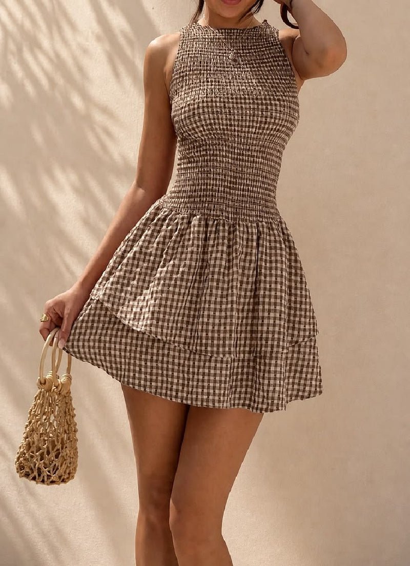 SOERA Hazel Plaid Smocked Mini Dress - Dress - SOERA-258883-COF-S-58915 Brown S