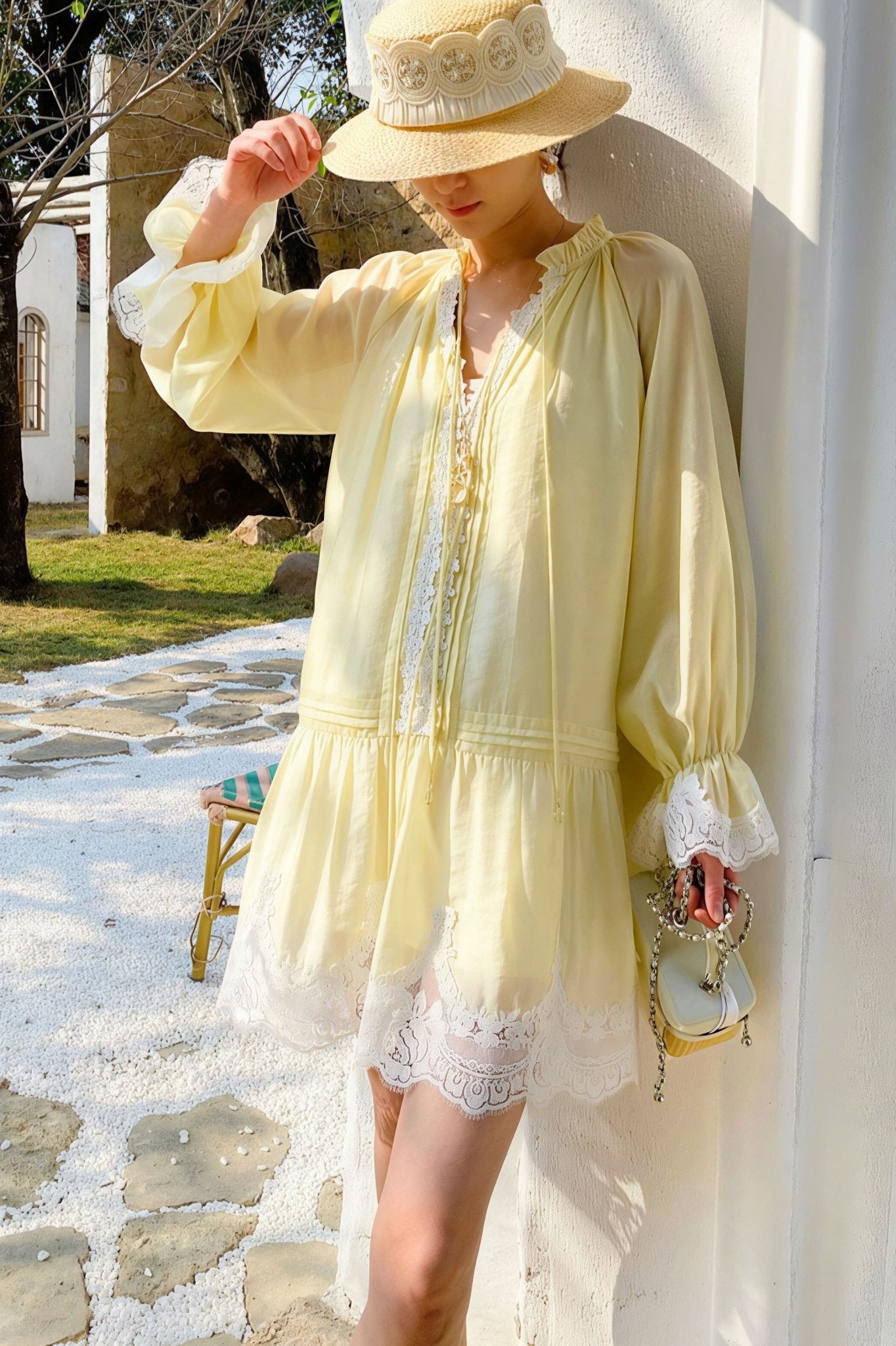 SOERA Imara Linen Lace Patchwork Midi Dress - Dress -  Light Yellow S