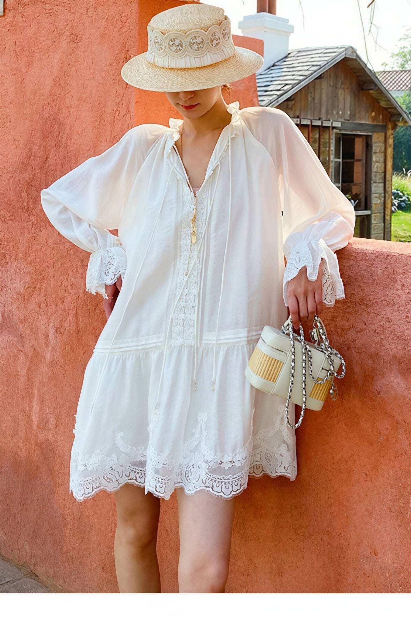 SOERA Imara Linen Lace Patchwork Midi Dress - Dress -  Offwhite M