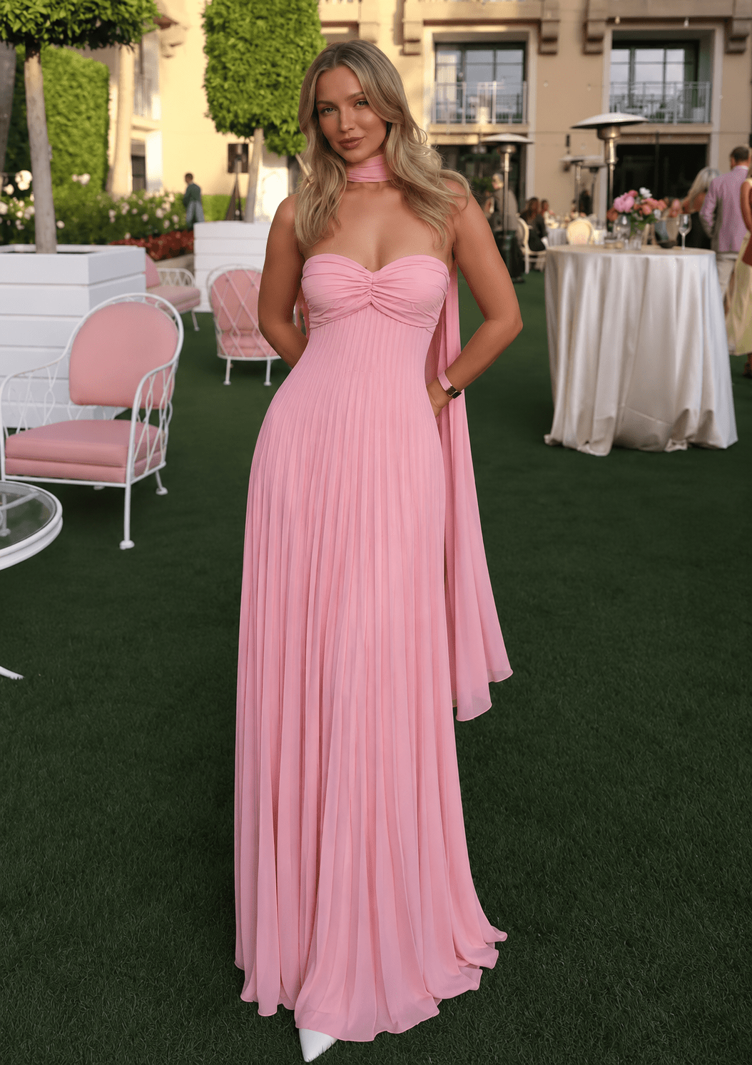 SOERA Olivia Mesh Maxi Dress with Scarf - Dress - SOERA-890243-PIN-S-84163 Pink S