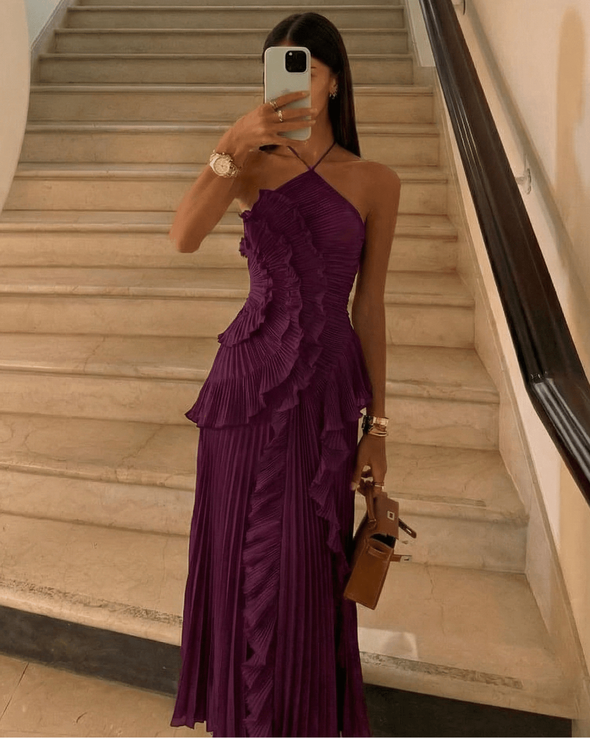 SOERA Rachel Halter Pleated Ruffle Maxi Dress - Dress - SOERA-320515-DAR-L-56387 Dark Purple L