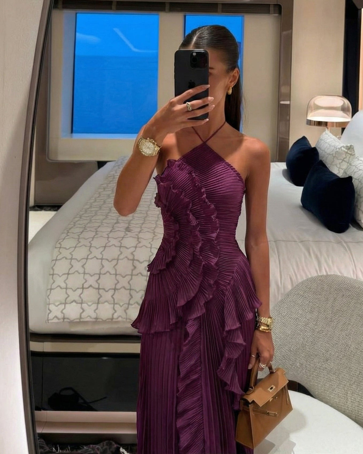 SOERA Rachel Halter Pleated Ruffle Maxi Dress - Dress - SOERA-320515-DAR-XL-89155 Dark Purple XL