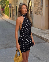 Robe mini à pois Serena dos nu, col halter