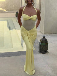 Veracity Halter Backless Ruched Maxi Dress
