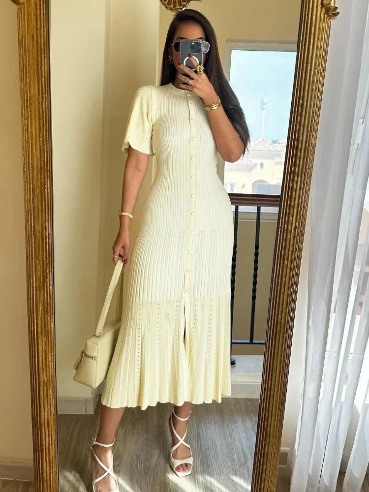 SOERA Bianca Bell Sleeve Pleated Knit Midi Dress - Dresses -  Beige S