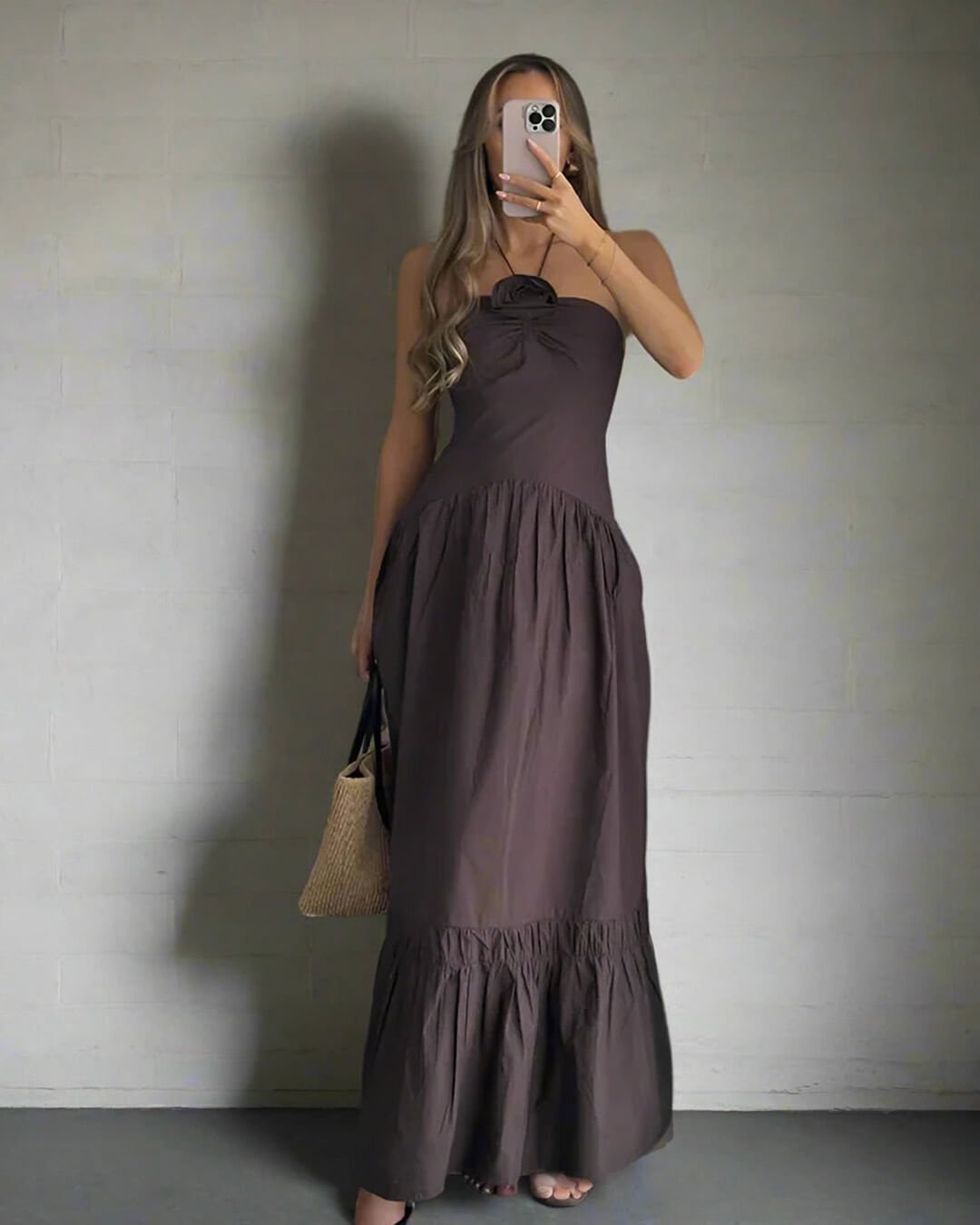 SOERA Kate Halterneck Flower Applique Midi Dress - Dresses - eF1774929987193550529 Brown S