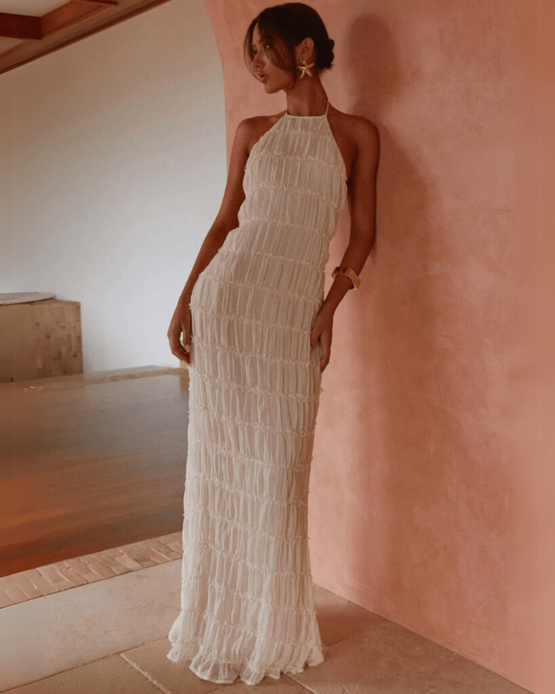 SOERA Leslie Backless Sculpted Texture Maxi Dress - Dresses -  Cream S