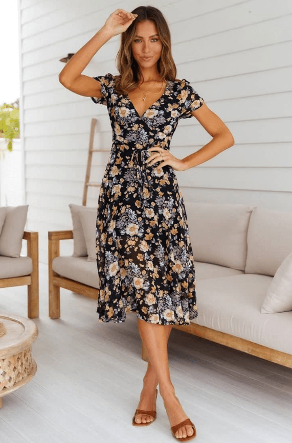 SOERA Mona V - Neck Floral Midi Dress - Dresses - FG1775807456249581972 Black M