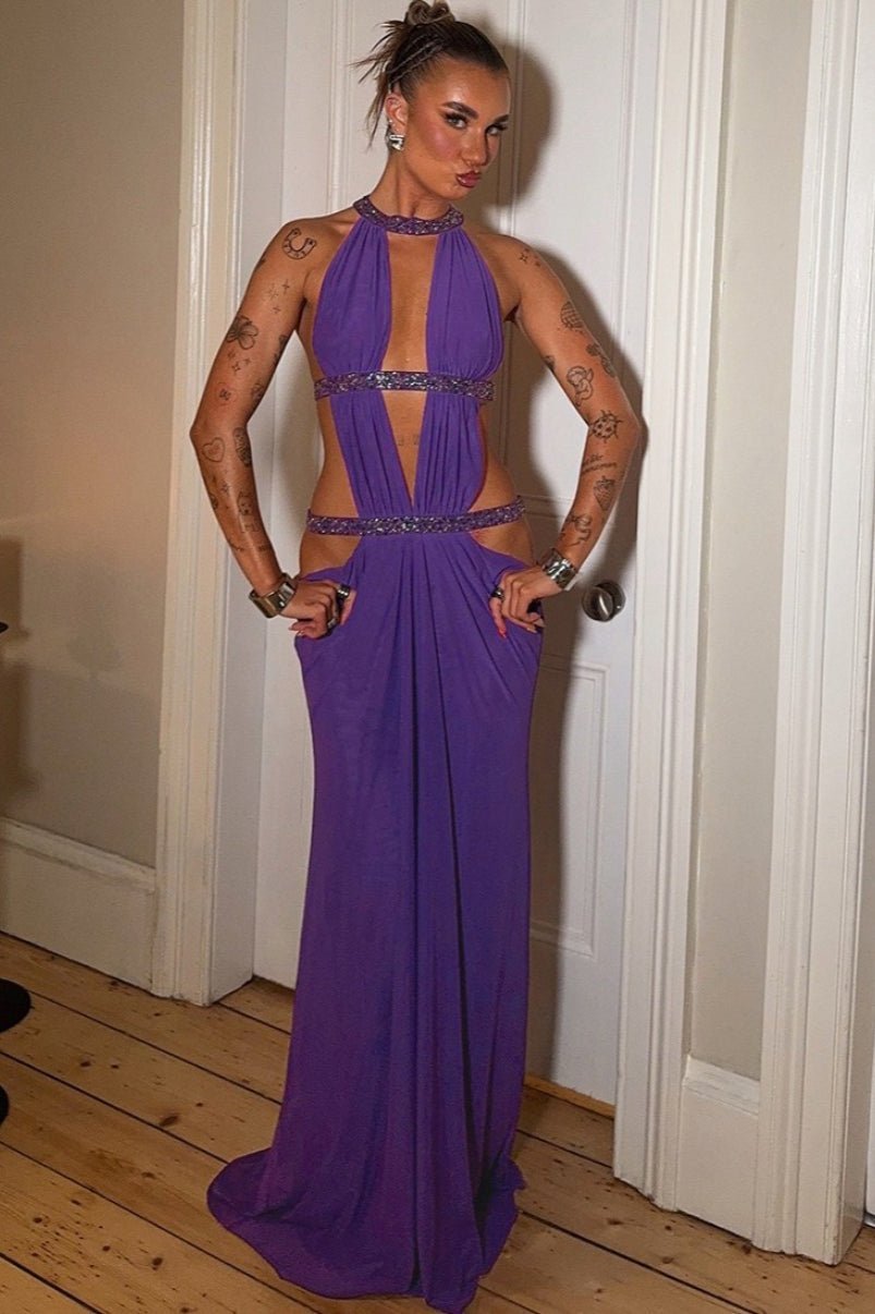 Robe de soirée maxi à col halter et sequins Rafaela