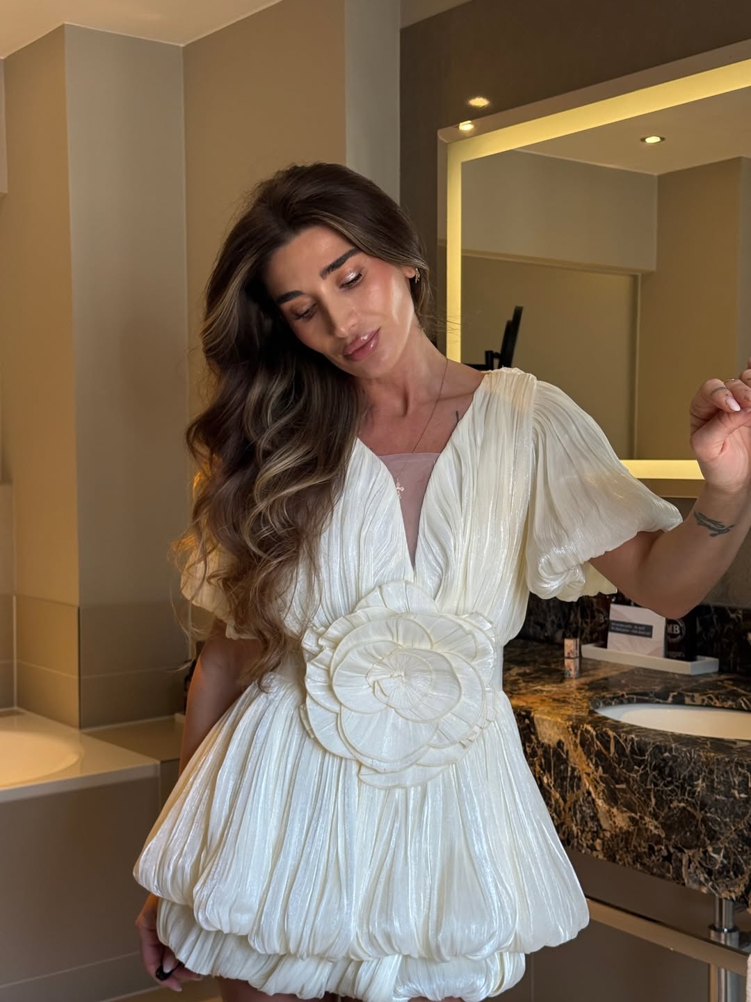 SOERA Rosette Puff Sleeve Bubble Hem Mini Dress - Dresses -  Ivory S