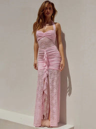 Robe longue dos nu drapée en dentelle Selene
