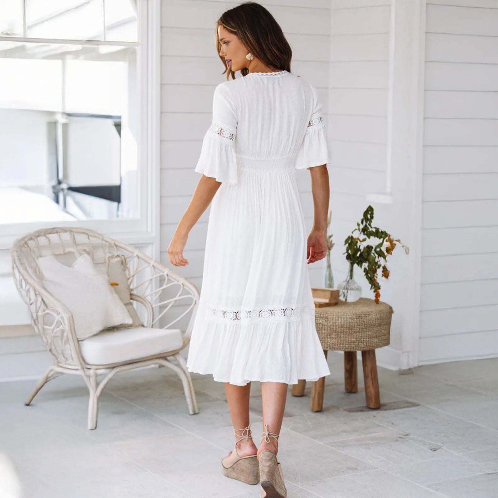 SOERA Winona Lace V - Neck Midi Dress - Dresses - 1005008576606072-;OC1776146840072416004 White L