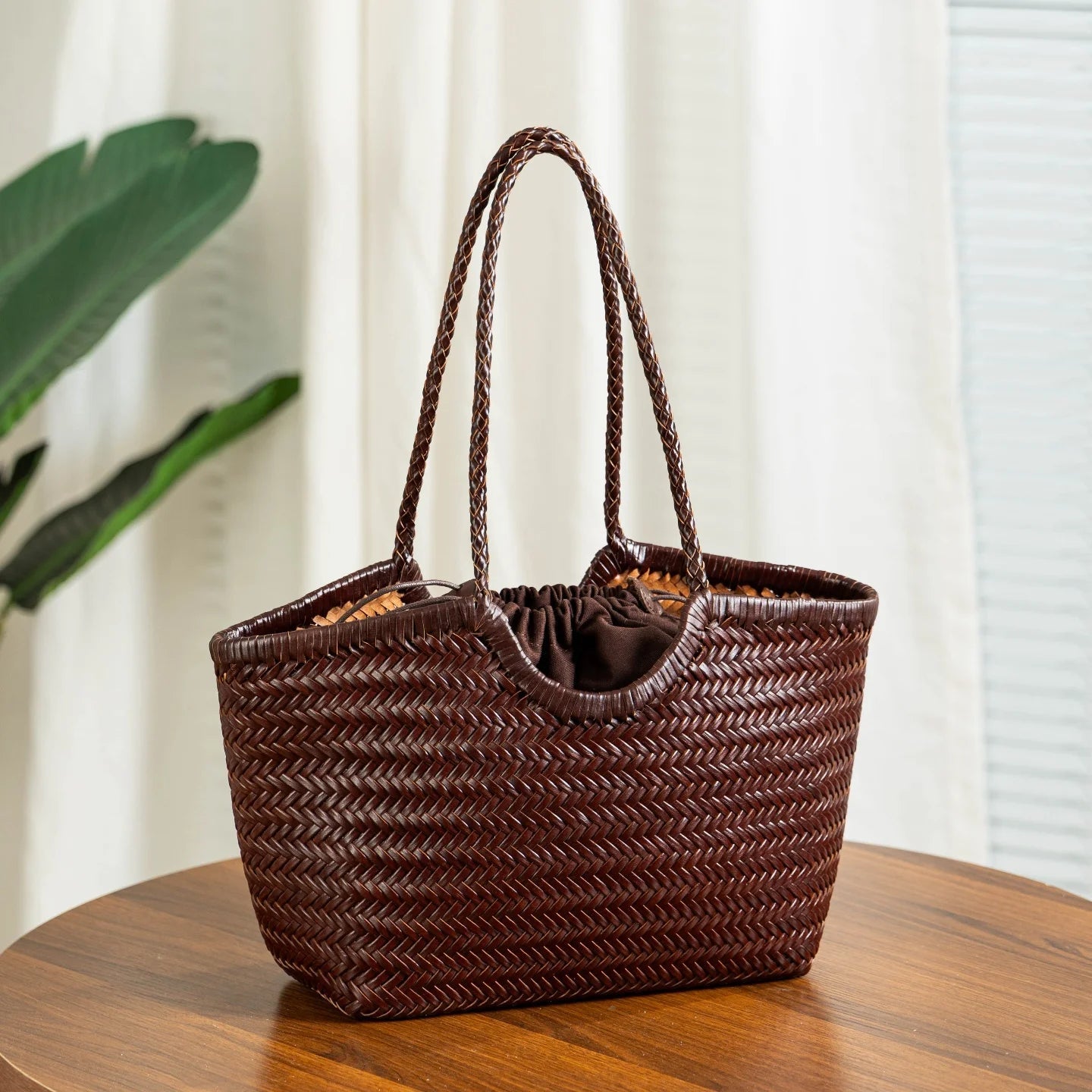 SOERA Bianca Handwoven Leather Tote Bag - Handbags -  Coffee Large