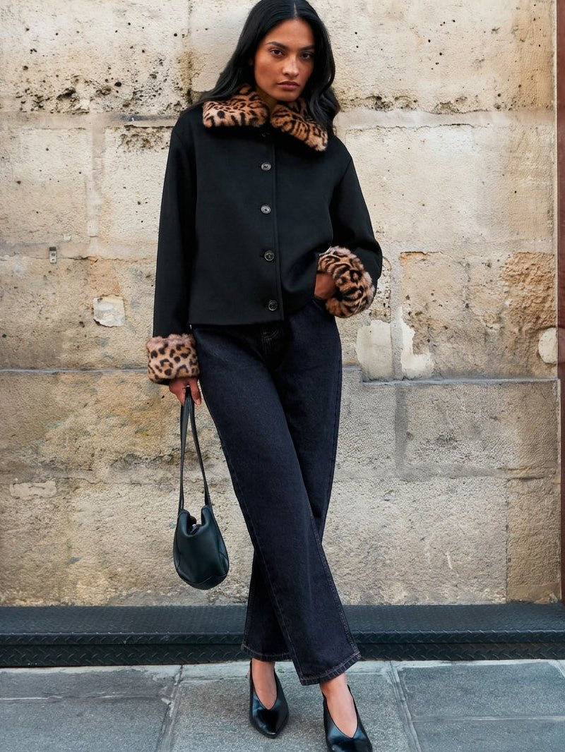 SOERA Anne Leopard Faux Fur Trim Button-Up Jacket - Jacket - SOERA-763971-BLA-S-66531 Black S