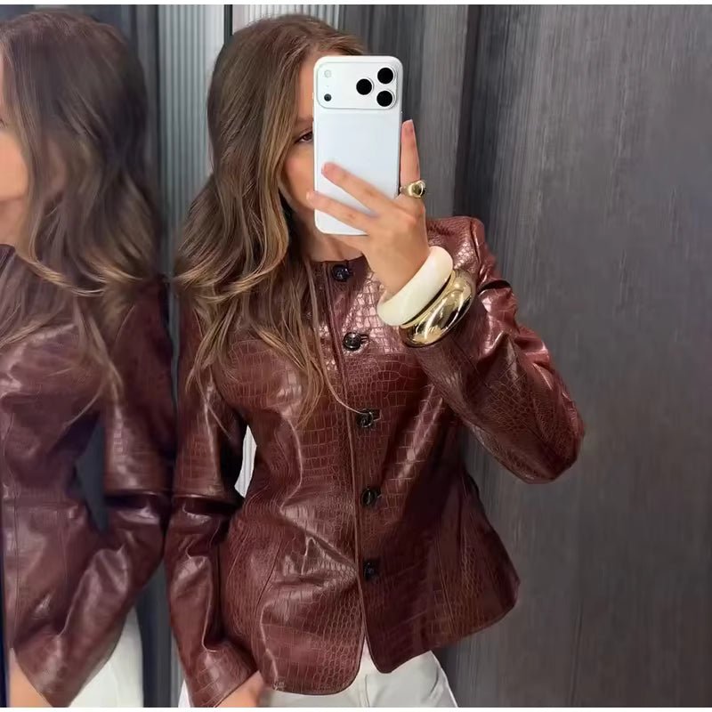 SOERA Sandra Croc Embossed Faux Leather Jacket - Jacket - SOERA-971523-BRO-M-91139 Brown M