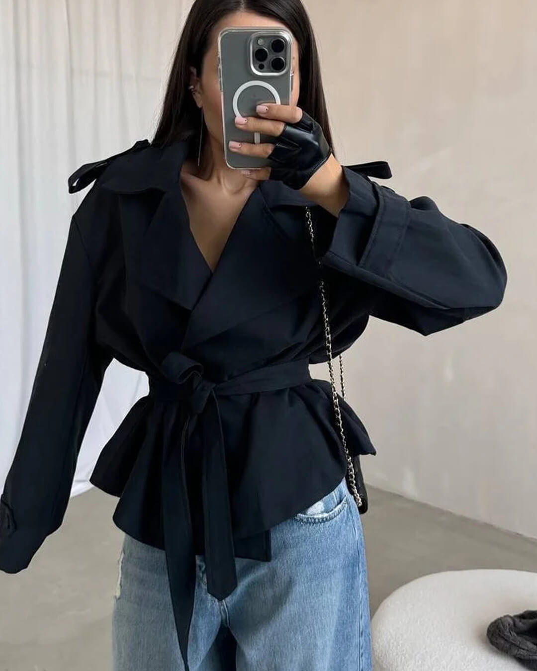 SOERA Sandy Lace Up Short Trench Coat - Jackets - 1005010782864095-;rk1773321573223317098 Black XS