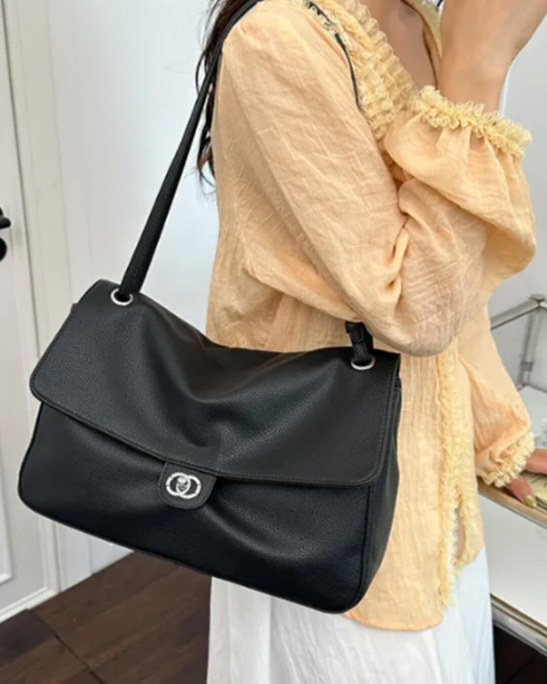 SOERA Josie Buckle Flap Shoulder Bag -  Black 36×24×11 cm