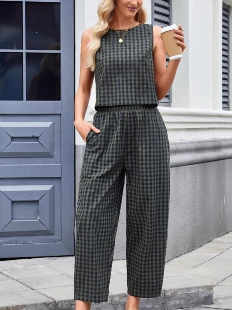 SOERA Zara Plaid Sleeveless Vest Nine Point Pants Set - Jumpsuits & Rompers -  Blue S