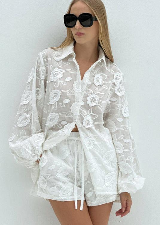 SOERA Beatrice Sheer Embroidered Shirt & High - Waist Shorts Set - Matching Sets -  M