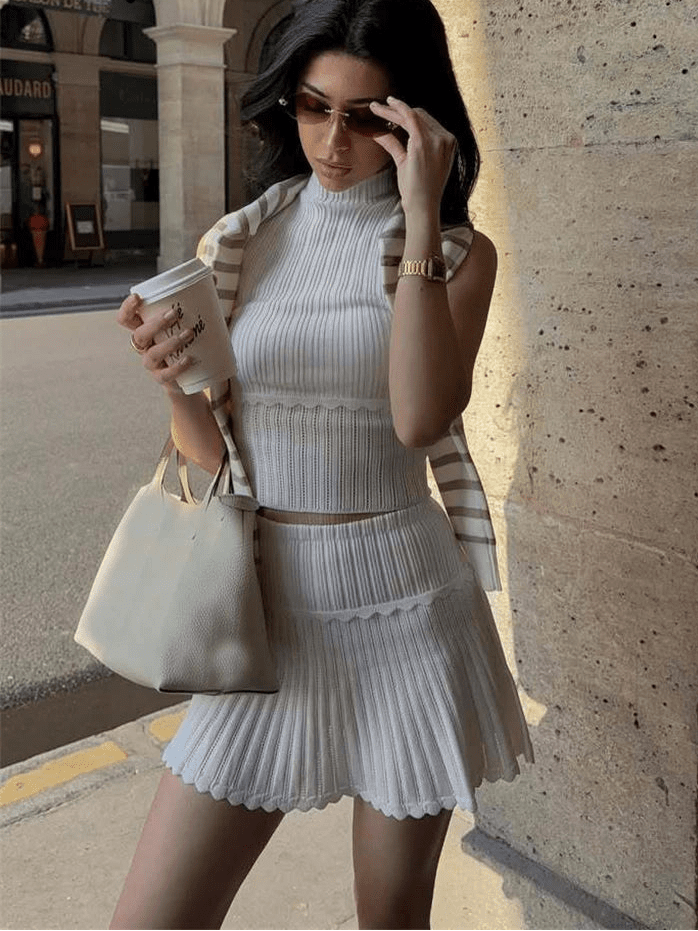 SOERA Bianca Two - Piece Knitted Crop Top & Pleated Mini Skirt Set - Matching Sets -  White XS