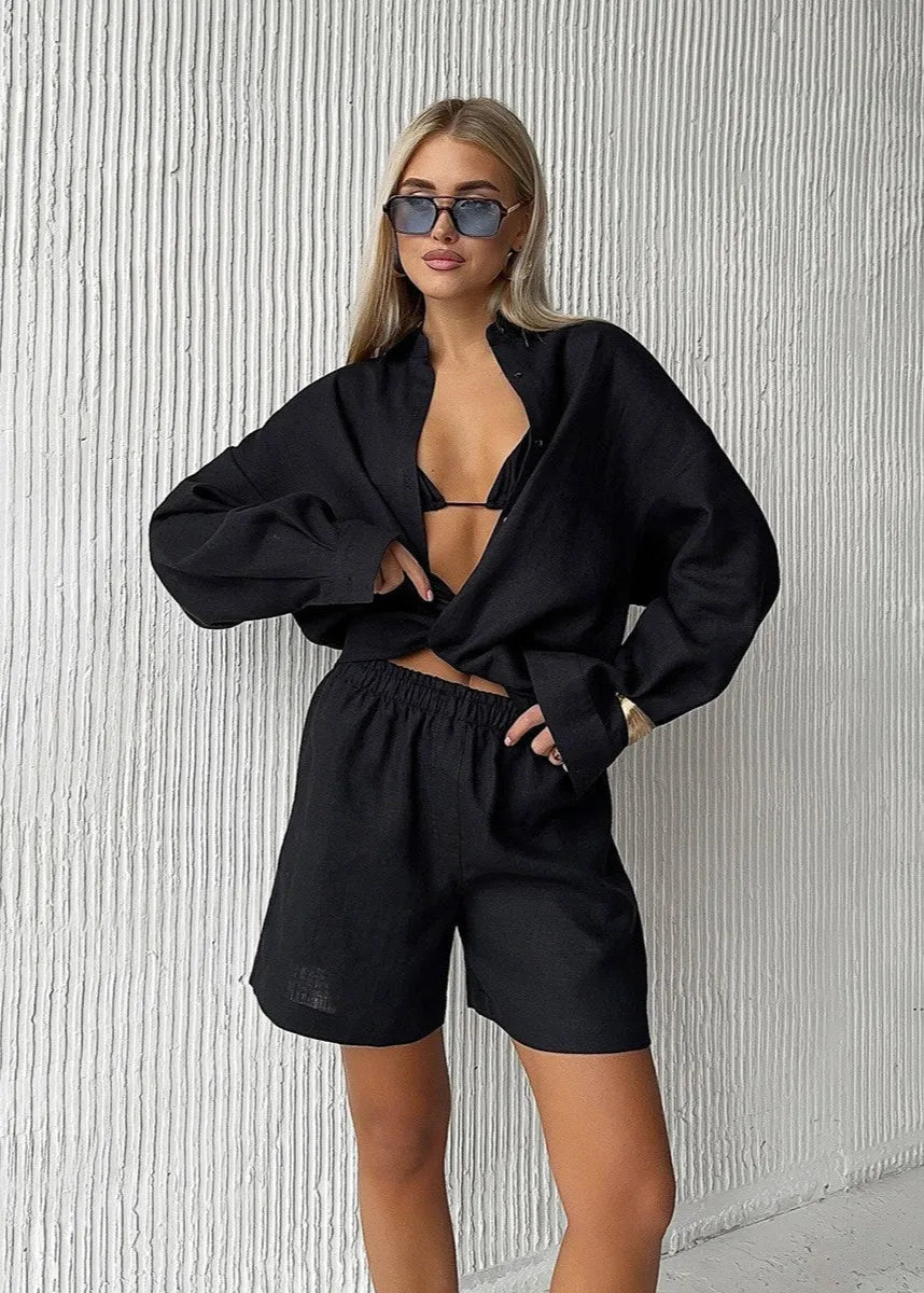 SOERA Camille White Linen Shirt and Shorts Set - Matching Sets -  Black Set M