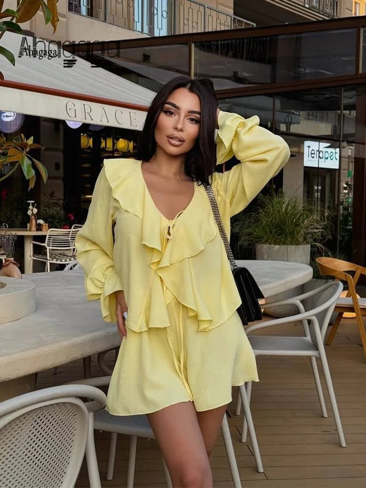 SOERA Cordelia V-Neck Ruffle Two-Piece Set - Matching Sets -  Yellow S