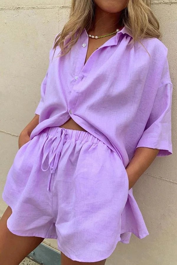 SOERA Erica Button-Down Blouse & Shorts Set - Matching Sets - 1005009100613909-;Nv1776125342985607746 Blue S