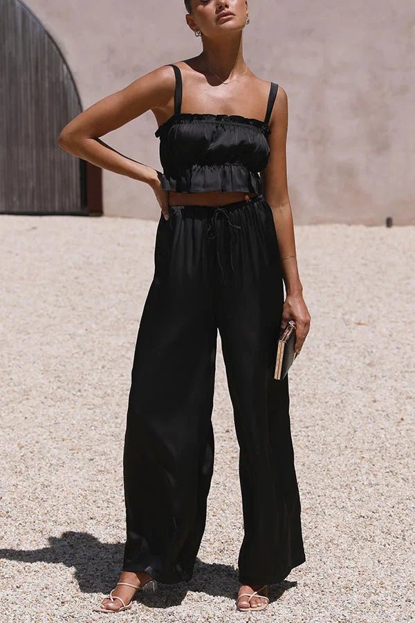 SOERA Julianne Ruffle Top Elastic Waist Pants Set - Matching Sets - Rj1776125365231051488 Black S