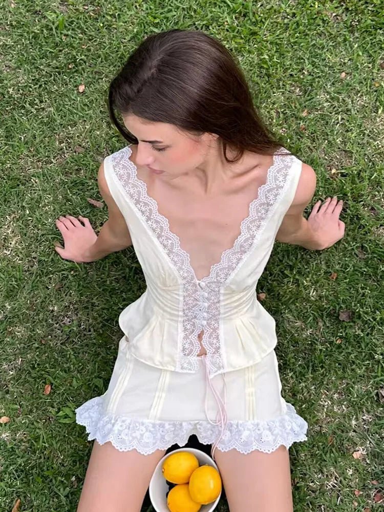 SOERA Klarissa Lace Trim Mini Skirt Set - Matching Sets - 1005008934870834-;NC1771582049197024306 Top Yellow