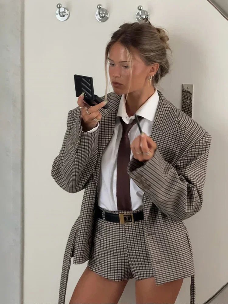 SOERA Lucy Houndstooth Belted Shorts Suit - Matching Sets - 1005010106269418-;UW1770303445138348552 Blazer L