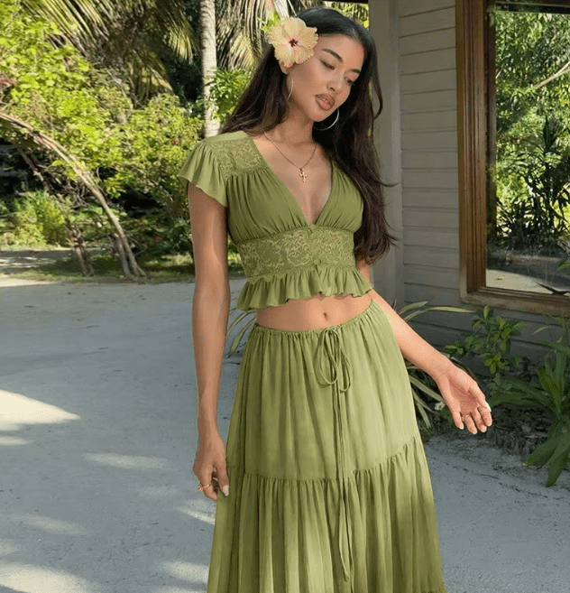 SOERA Morrigan Lace Chiffon Top & Skirt Set - Matching Sets - SOERA-007363-GRE-S-26051 Green S