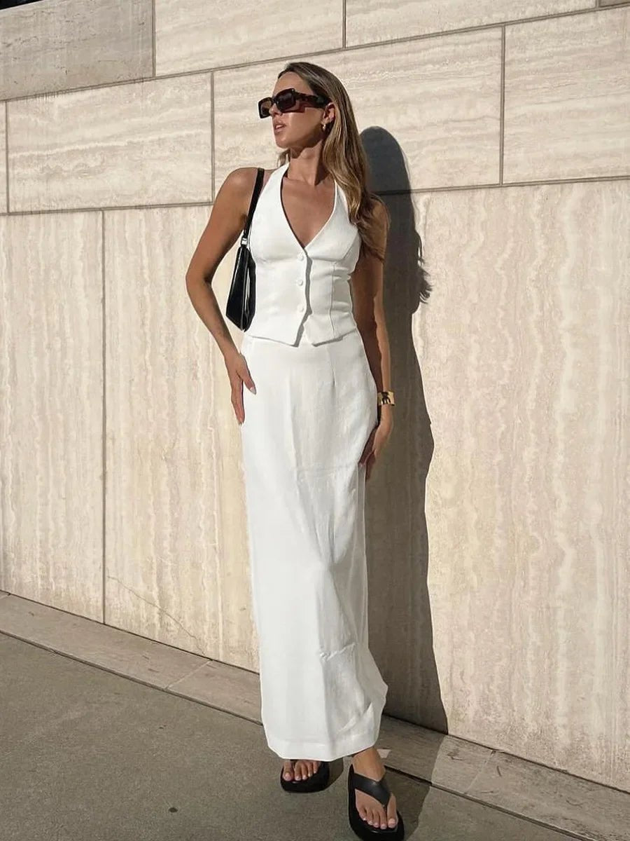 SOERA Reese Halter Neck Vest Skirt Set - Matching Sets - 1005009285680429-;jv1776125342422749404 White S
