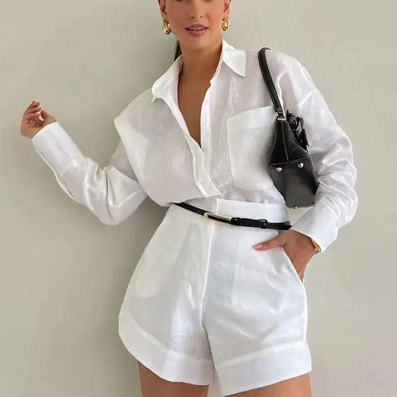 SOERA Solenn Long Sleeve High Waist Shorts Linen Set - Matching Sets - 1005006975478785-;zk1776063209451321739 Blue S