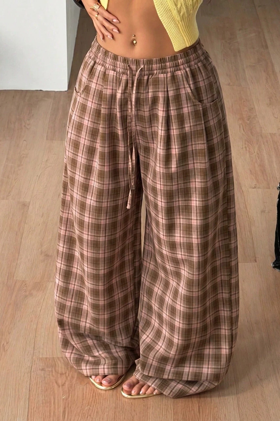 SOERA Lola Drawstring Wide Leg Plaid Pant - Pants - SOERA-447299-BRO-S-13283 Brown S