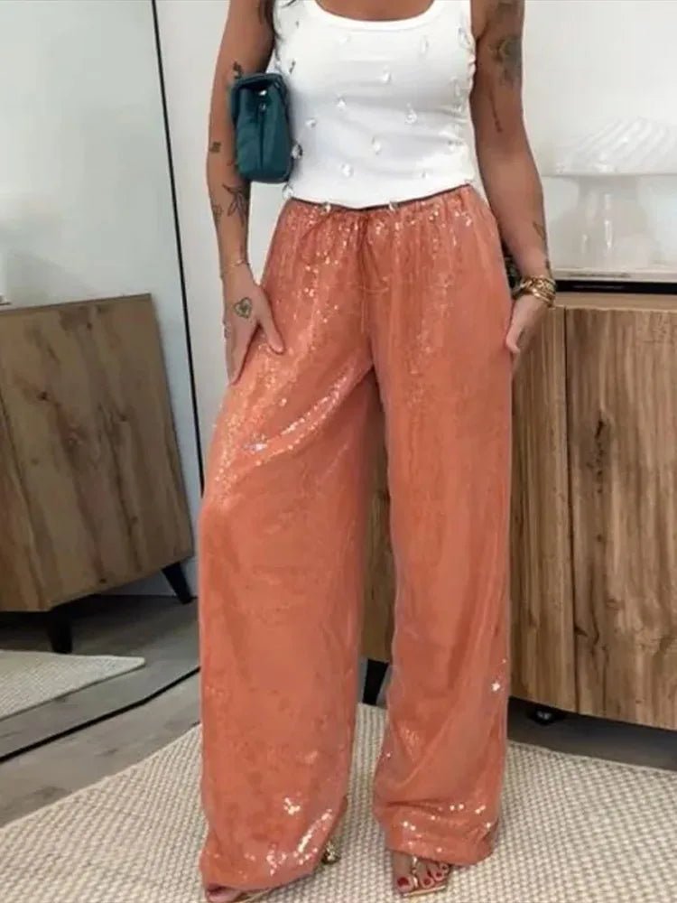 SOERA Sophia Sequin Wide-Leg Trousers - Pants - SOERA-780163-ORA-S-01411 Orange S