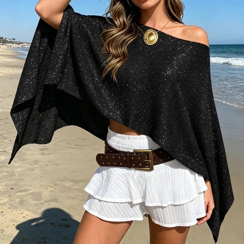 SOERA Bianca Shimmer Off-Shoulder Poncho Cape - Poncho -  Black