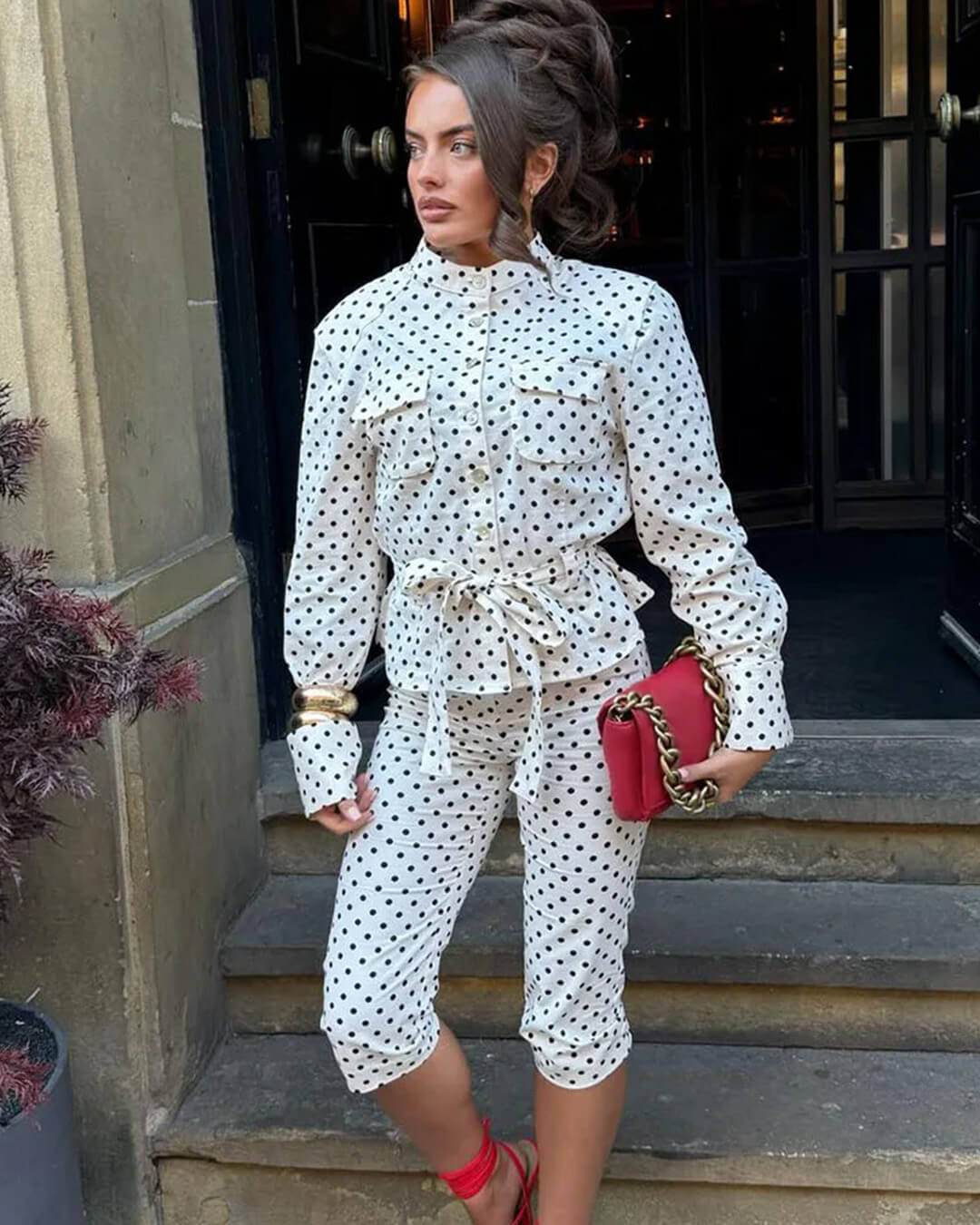 Ensemble pantalon taille haute à pois Jia