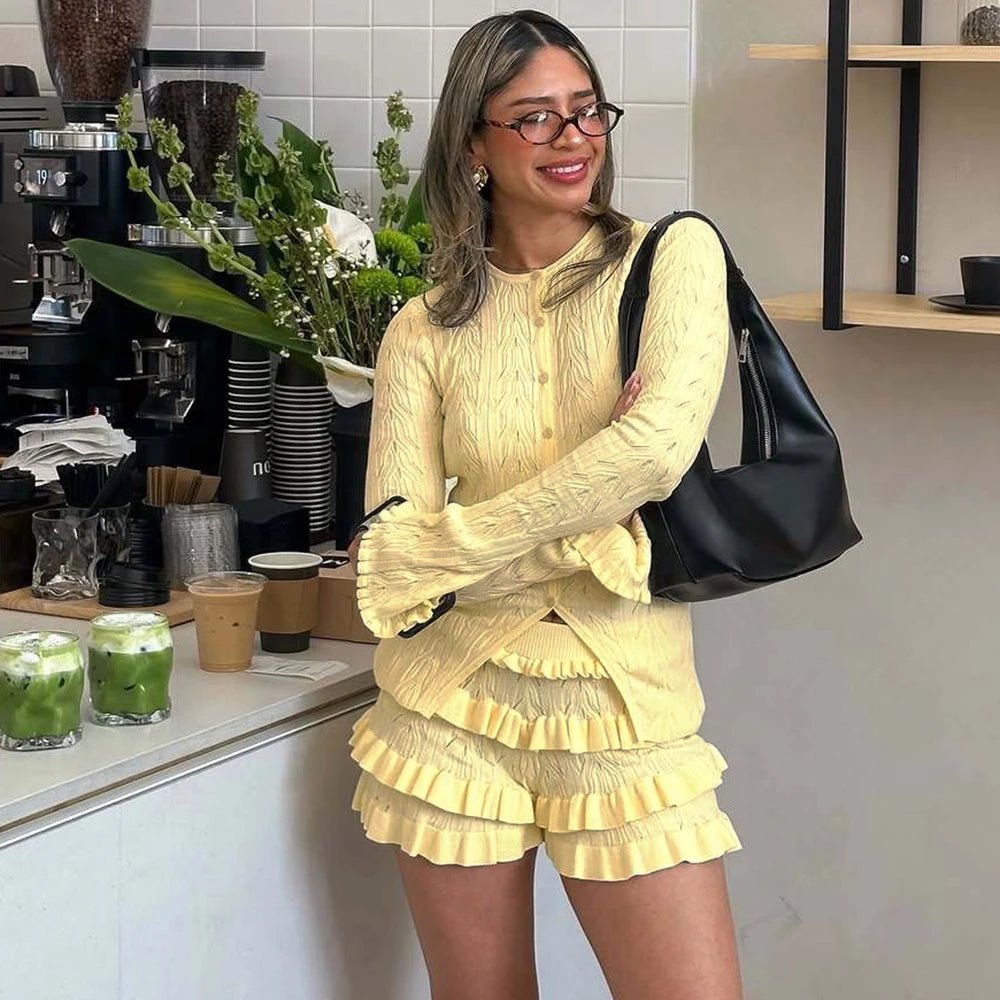 SOERA Aira Knitted Top & Tiered Shorts Set - Sets - Tw1775689992445447122 Yellow M