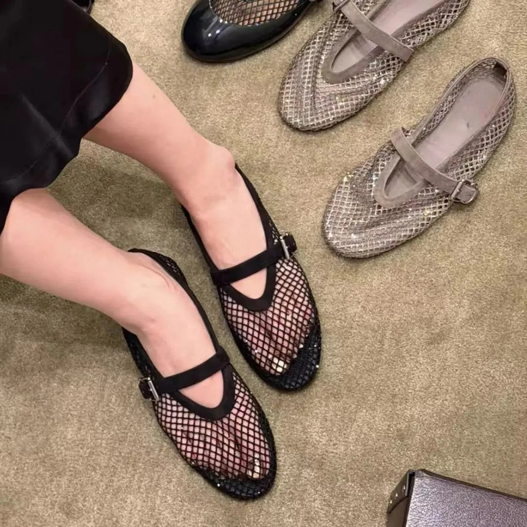 SOERA Jessica Rhinestone Mesh Ballet Flats - Shoes -  Black 36