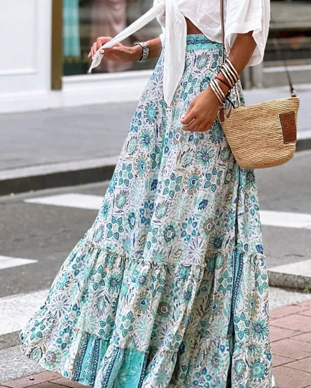 SOERA Celeste Flowy Boho Print Ruffled Hem Skirt - Skirts - SOERA-938371-SKY-S-51683 Sky Blue S
