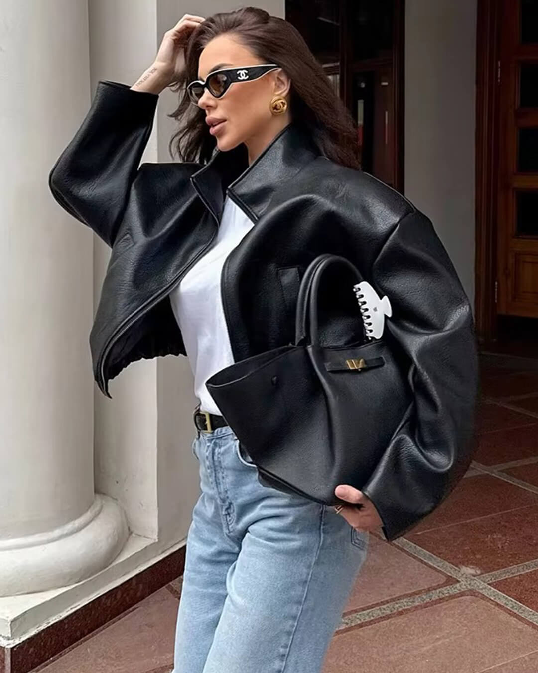 Veste en cuir zippée Sylvia