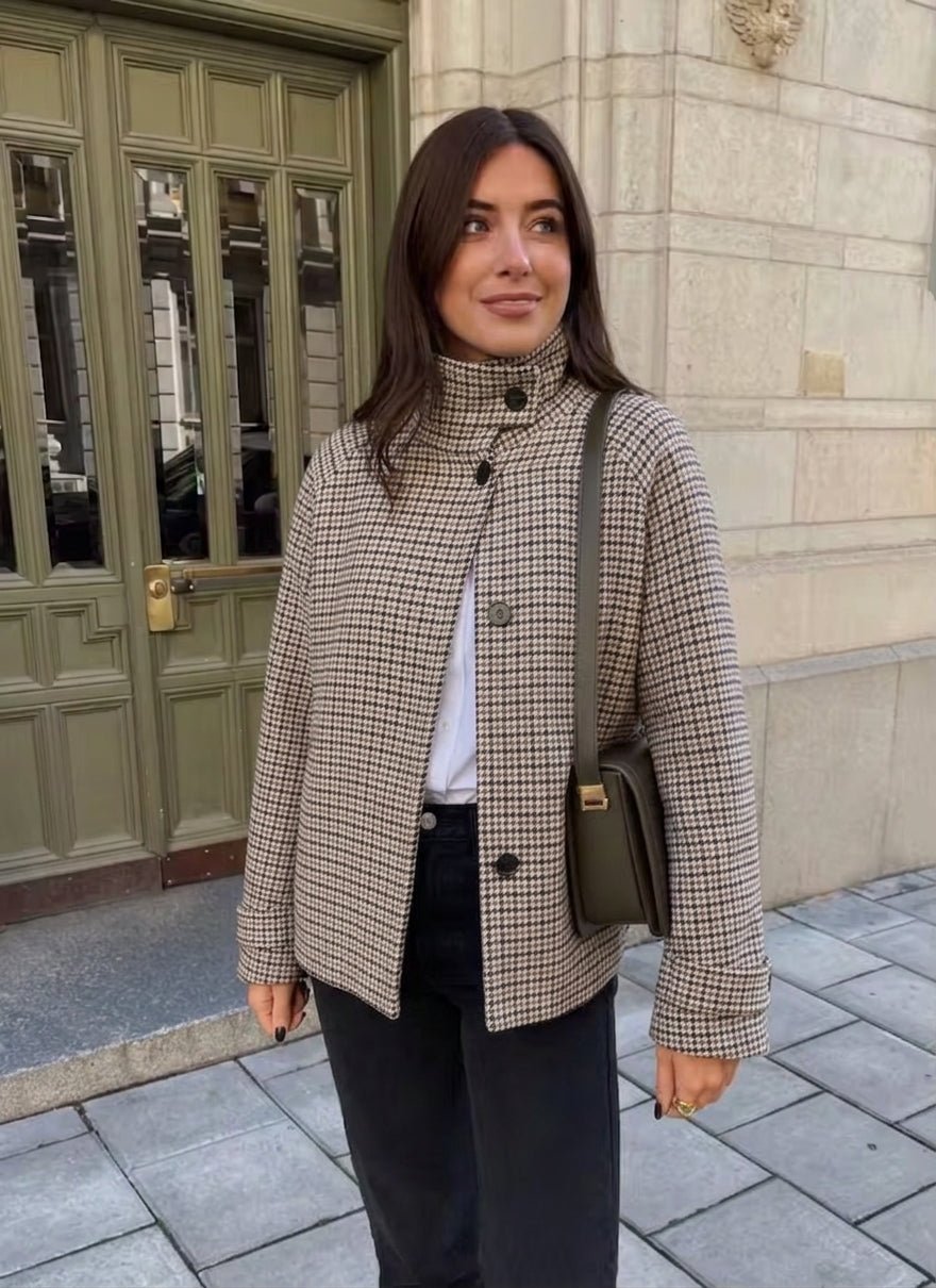 SOERA Amelia High-Collar Houndstooth Cropped Jacket - Top - SOERA-085187-ASP-L-68611 Beige L