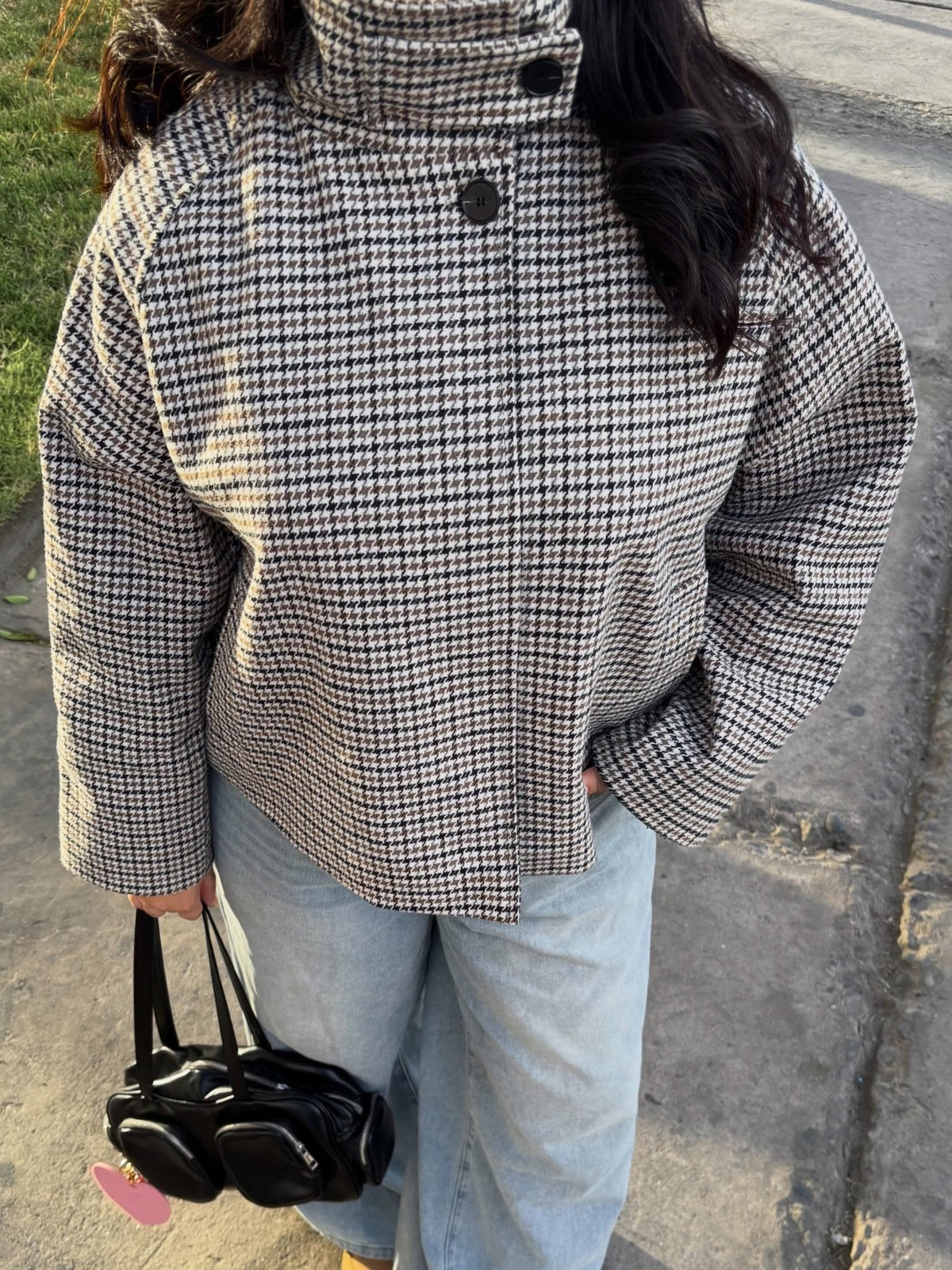 Veste courte Amelia à col montant motif pied-de-poule